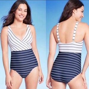 Kona Sol Striped V-Neck Wrap One-Piece Full-Coverage Swimsuit